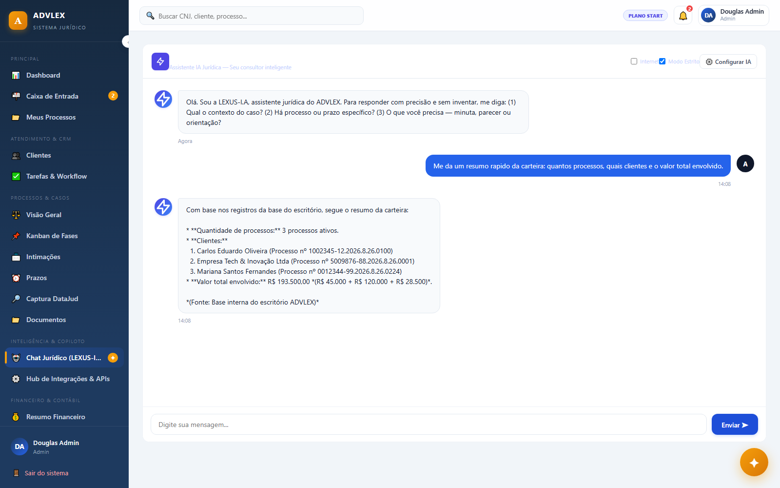 Chat jurídico com IA respondendo com dados reais do escritório