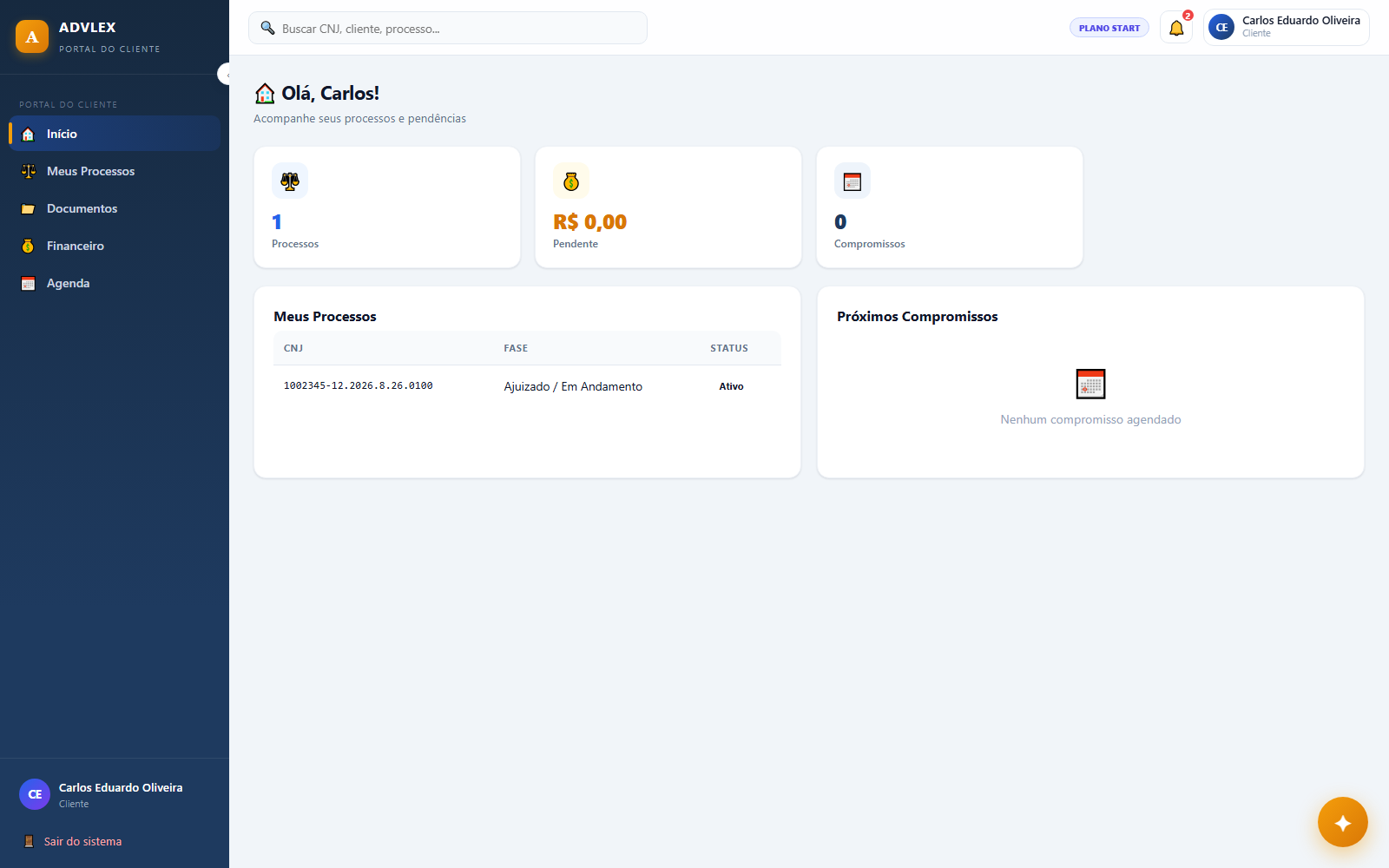 Portal do cliente do ADVLEX mostrando processos e financeiro